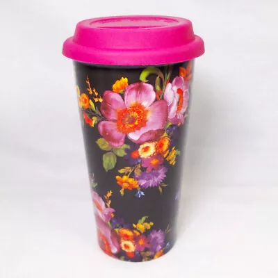 Mackenzie Childs Travel Mug Black Flower Market Ceramic Pink Silicone Lid EUC • $28