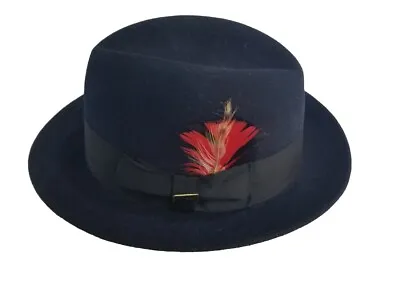 Dobbs Fifth Avenue M02E3 Randall Narrow Brim Navy Blue Fedora Red Feather • $94.98