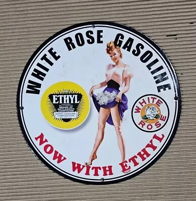 White Rose Gasoline Porcelain Pinup Girl Mancave Gas Oil Ad Service Station Sign • $125