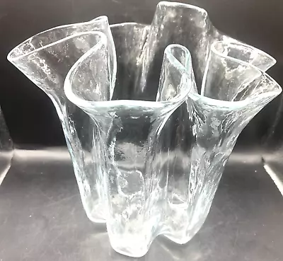 Muurla Finland Eva Vase 8.5  Clear Blown Glass Ruffle Handkerchief • $45