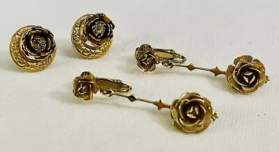 Lot Of 2 Vintage Estate Brass? Detailed Floral Rose Themed Screw-Back Earrings • $13.99