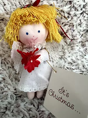 Rare 1985 Vintage Angel Ornament Holding Flowers Golden Yellow Yarn Hair 4  • $15.99