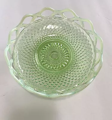 Vintage Green Imperial Genie Vaseline Glass Bowl With Opalescent Rim • $35