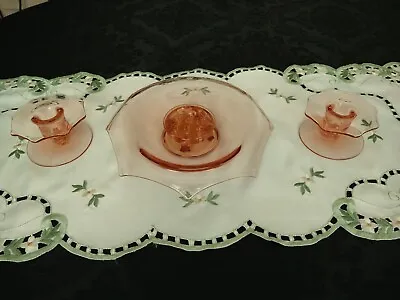 Depression Glass  (2) Candle Sticks & Floral Frog Dish ~ Pink ~ Triumph Design • $49.99