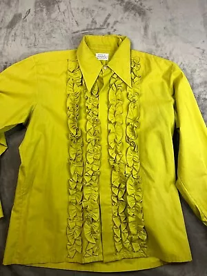 Vtg 60s 70s Yellow Ruffle Tux Men’s Prom Shirt Size L Large Collar Mexalali • $35.99