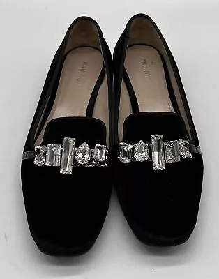 Miu Miu Black Velvet Slip-On Crystal Embellished Loafer Flats Sz 38 • $255