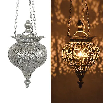 Antique Silver Oriental Metal Hanging Pendant Light Candle Lantern - Small • $41.99