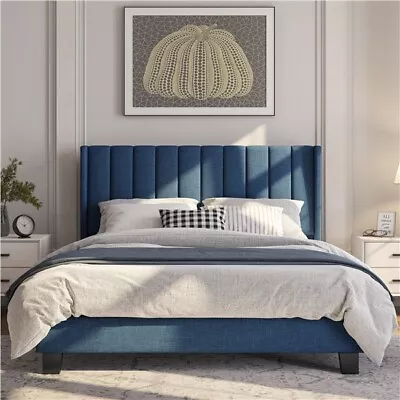 Classic Upholstered Bed Frame Mattress Foundation With Wing Edge Headboard Queen • $159.98