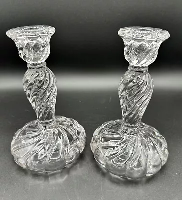 2 Vintage FOSTORIA COLONY Heavy Swirl Crystal Candlesticks 7” Wedding Decor EUC • $35.99