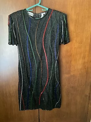Vintage SWEE LO Dress Black Sequin Beaded Cocktail Dress Size S  • $30