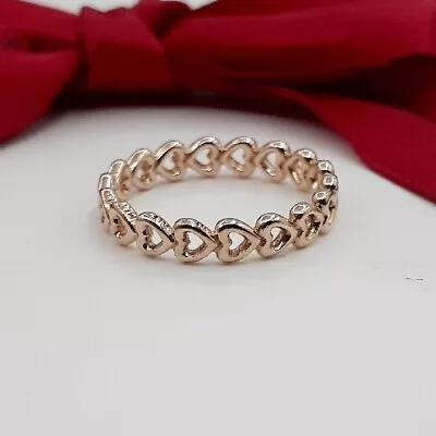 Genuine Pandora Rose Gold Linked Love Hearts Stackable Ring #180177 Size 50 • $39