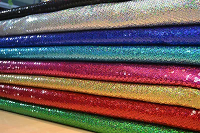 Heavy Sewn On Hologram Sequin Fabric Shiny 1 Way Stretch Dance Stage Material • £21.99