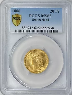 Switzerland ~ 1886 ~ Gold 20 Francs ~ PCGS ~ MS 62 ~ (AGW = 0.1867 Oz.) ~$688.88 • $688.88