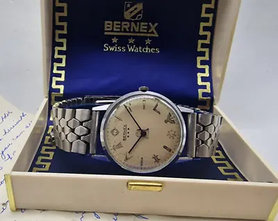 Bernex Masonic Silver Dial Manual Wind Man's Watch & Box /o039 • £279
