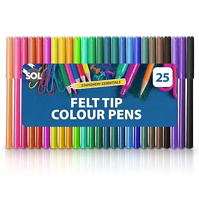 25 Felt Tip Pens Set Fine Fibre Drawing Markers Colouring Art School Colour Kids • £2.99