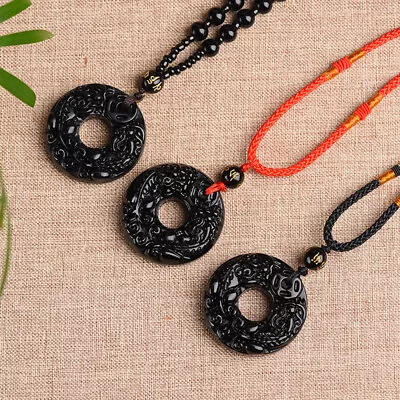 Natural Obsidian Double PiXiu Pendant Women Men Lucky Necklace Amulet Jewelry • $2.99