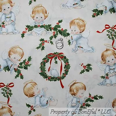 BonEful FABRIC FQ Cotton Quilt White Angel Cherub Toile Red Holly Berry Wreath L • $7.18