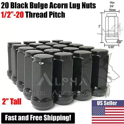 20 Black Bulge XL Acorn Lug Nuts 1/2x20 For 5x4.5 5x5 5x5.5 Closed End 2  Long • $21.95