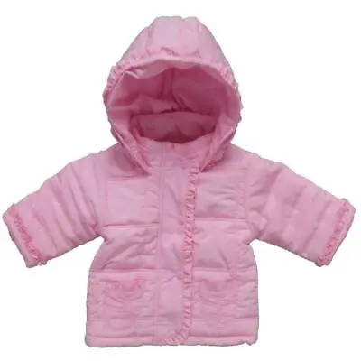 BNWT Baby Girls Quilted Frilly Jacket Microfibre Hooded Padded Coat ~ Pink • £22.99
