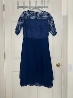 Mother Of The Bride Cocktail Dress Size M/L Navy Blue Lace Bodice • $20