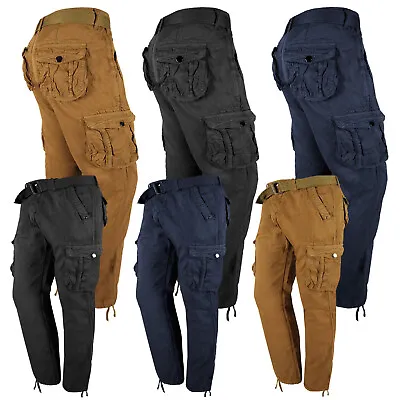 Cargo Pants Mens Fashion Belted Twill Utility Tactical Leg Ties Hiking Snap Flap • $28.95