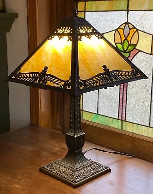 Antique Arts & Crafts Slag Glass Table Lamp PLB & G Co. Caramel/ White • $525