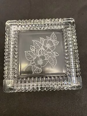 Vintage Etched Glass Square Jewelry Trinket Box Flowers • $12
