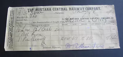 Old 1889 - MONTANA CENTRAL RAILWAY - Freight Document - J.W. EBERL • $4.99