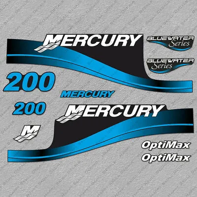 Mercury 200hp Optmax BlueWater Series Outboard Engine Decals BLUE Sticker Set • $55.79