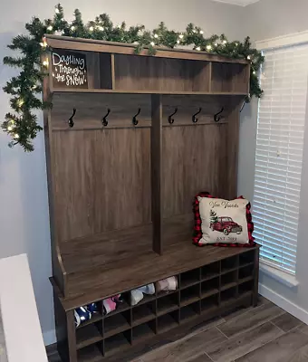 Gray Wood Entryway Shoe Storage Bench Cubbie Cabinet Mudroom Hall Tree Coat Rack • $389.89