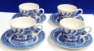 4 Blue Willow Tea Cups & Sauces English Ironstone Tableware Vtg • $24.95