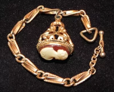 Vintage Victorian Lady Heavy Scrollwork Cameo Charm Bracelet Gold Tone Bar Chain • $11.90