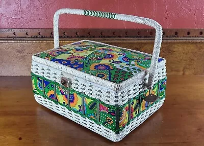 Vintage Sears Best Sewing Basket • Woven Wicker Floral Patchwork Boho 60's-70's • $19.95