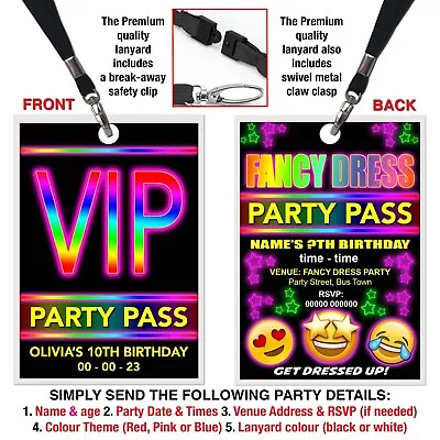 FANCY DRESS LANYARD VIP PASS  Birthday Party Invite Red Pink Or Blue • £1.95