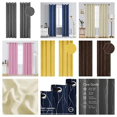 Thermal Insulated Eyelet Blackout Curtains Pair Foil Dotted Lines With Tie Backs • £26.99