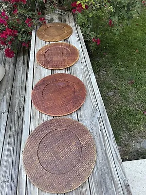 Set Of 4 Vintage Rattan Charger Plates Wicker Woven Farmhouse 15” Heavy Duty • $25.02