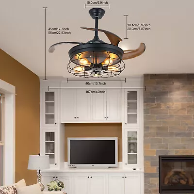 36 Inch Ceiling Fan Light Farmhouse Caged Chandelier Retractable Blades Fanlamp • $76