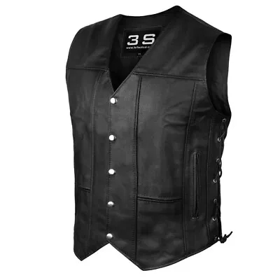 Mens Genuine Leather 10 Pockets Motorcycle Biker Vest Laces Black Brown All Size • $39.99