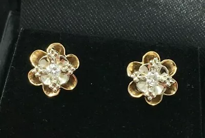 Vintage 10K White And Yellow Gold Diamond Flower Earrings • $356