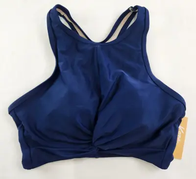 Kona Sol Womens Blue High Neck Longline Swim Top Size S 4-6 Twist Front Racerbac • £11.10