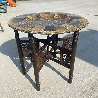 Vintage Moroccan Etched Brass Tin Round Tray Wood Folding Legs Coffee Table • $450