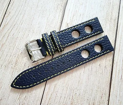 £4.95 • Buy Rally Hole Punched Leather Watch Strap Band Q Release Navy Yellow Stitching 20mm