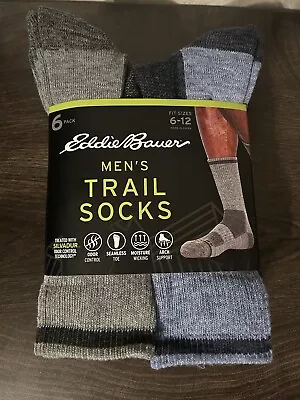 Eddie Bauer Men's 6-Pack Trail Socks Black Grey Blue Navy Fit Size 6-12 NEW • $20.99