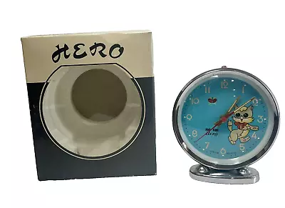 NIB Vintage HERO Animated Wind-up Metal Alarm Clock Cat With Moving Eyes • $50