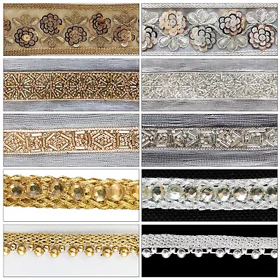 Gold Silver Katdana Lace Embroidery Trim Indian Embellishment Kundan Lace Border • £5.79