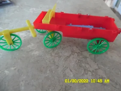 Vintage Plastic Toy: Red & Yellow & Green & Blue Buckboard Wagon~ 5 WHEELS • $10.99