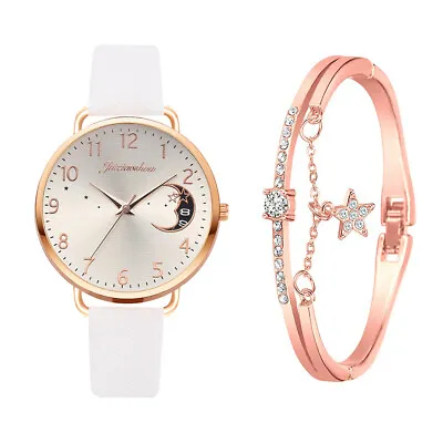 Watch And Bracelet Set Ladies Women Girls Fashion Leather Strap Wristwatch Gift • $13.19