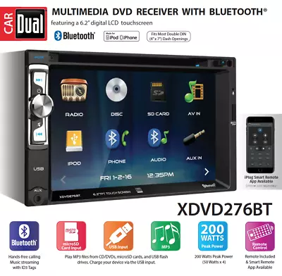 NEW DUAL XDVD276BT 2 Din CD DVD Player Receiver USB AUX Bluetooth Camera Input • $84.90