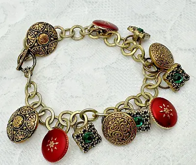 Vintage Button Charm Bracelet Red Green Brass Tone Toggle Clasp Cottagecore • $16.50