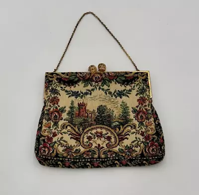 VINTAGE Made In France Tapestry Evening Bag Purse W Kiss Lock Closure And Chain • $45